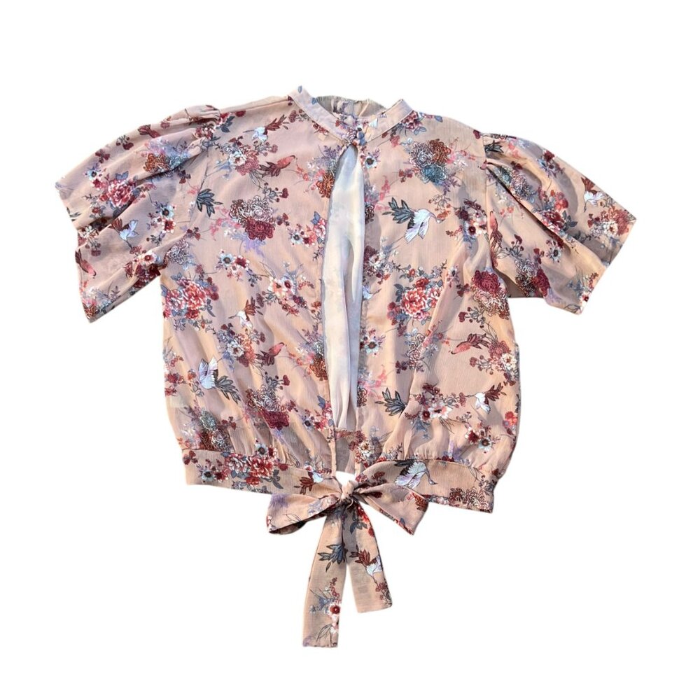Gimmicks by BKE Buckle Ruffle Open Tie Back Boho Floral Top - Large - Picture 8 of 16